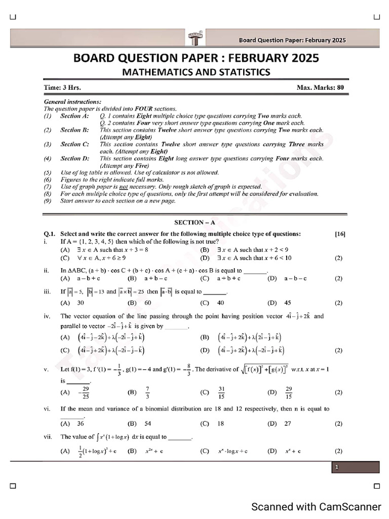 Hsc Feb 2025 Maths Qp | PDF