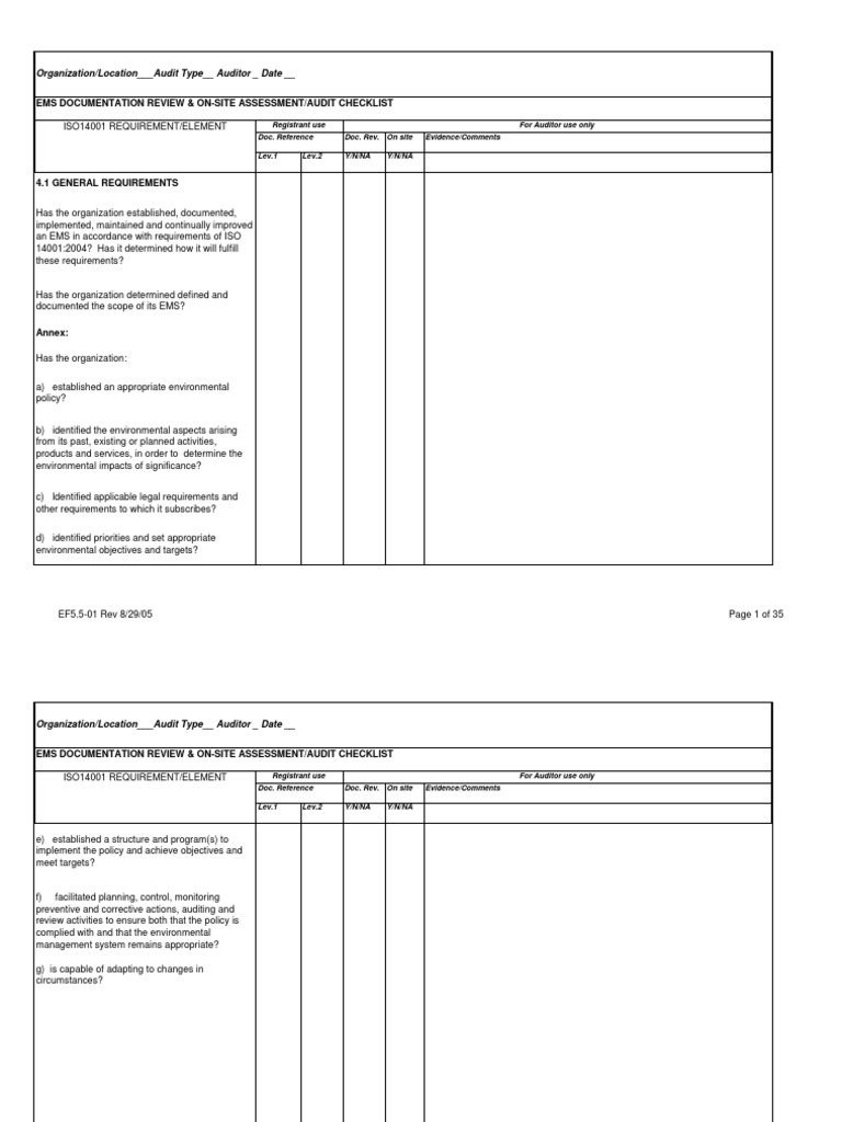ISO 14001-2004 Audit Checklist | Audit | Business