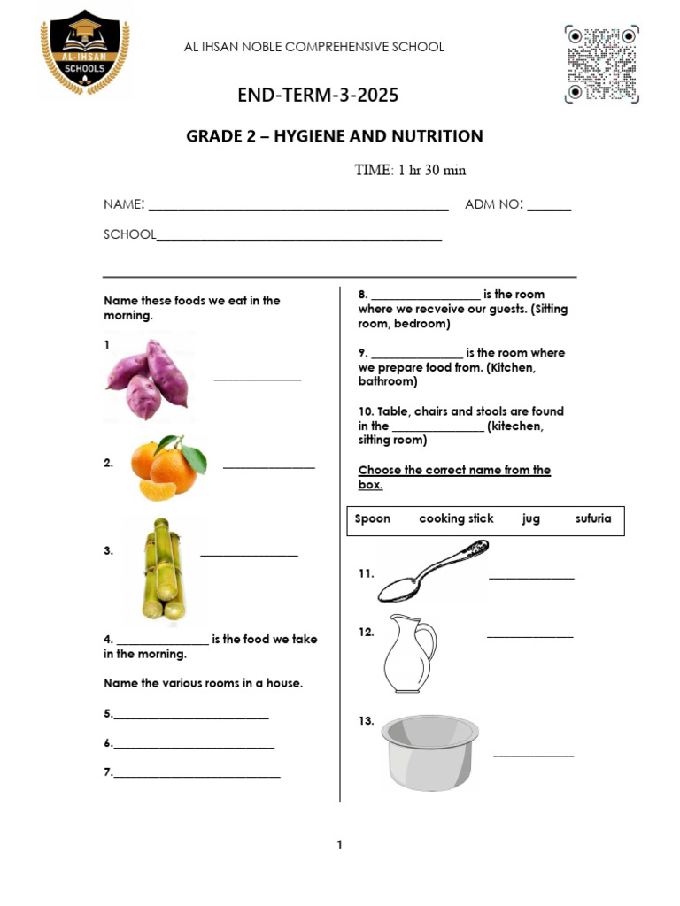 Grade 2 Hygiene and Nutrition Exam | PDF | Lunch | Meal