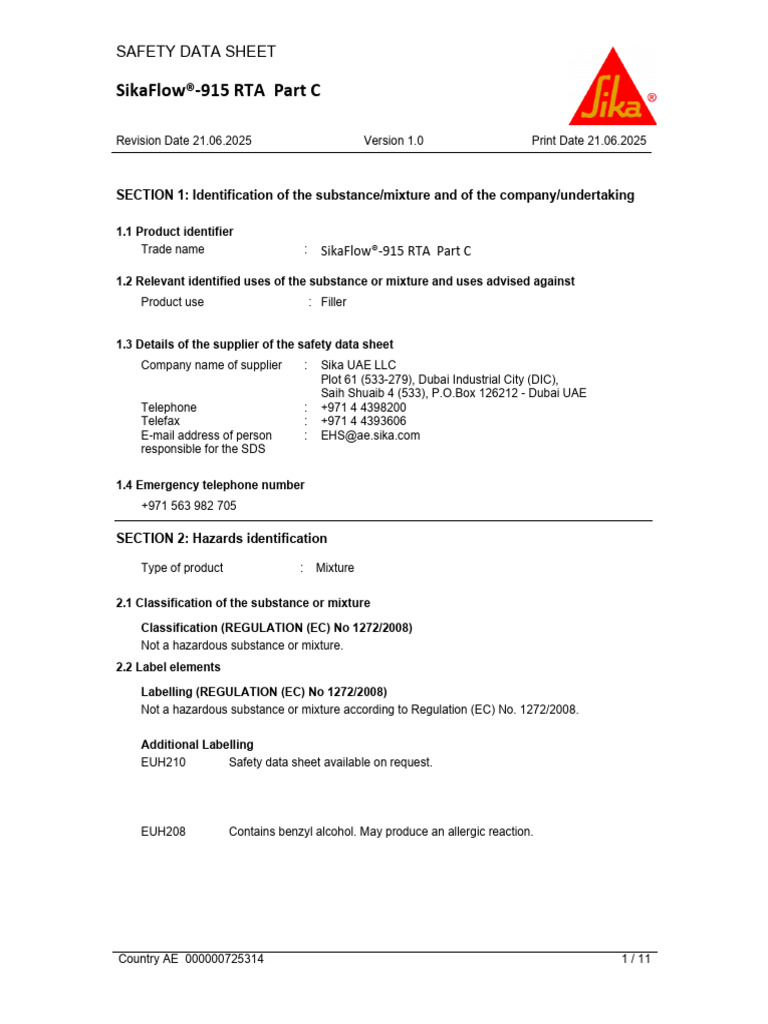 SikaFlow®-915 RTA Part C Safety Data Sheet | PDF | Toxicity | Waste