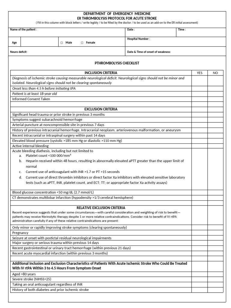 ER Thrombolysis Protocol for Stroke | PDF | Stroke | Bleeding