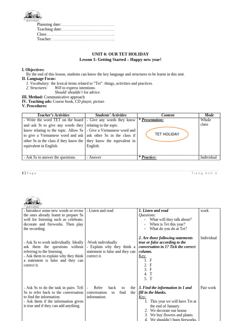 Tet Holiday Lesson Plan for Students | PDF | Vocabulary | Phrase