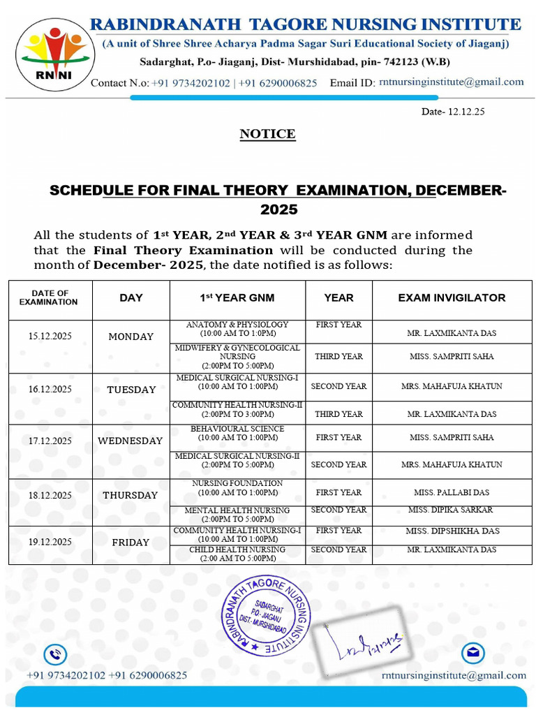 GNM Final Theory Exam Schedule 2025 | PDF