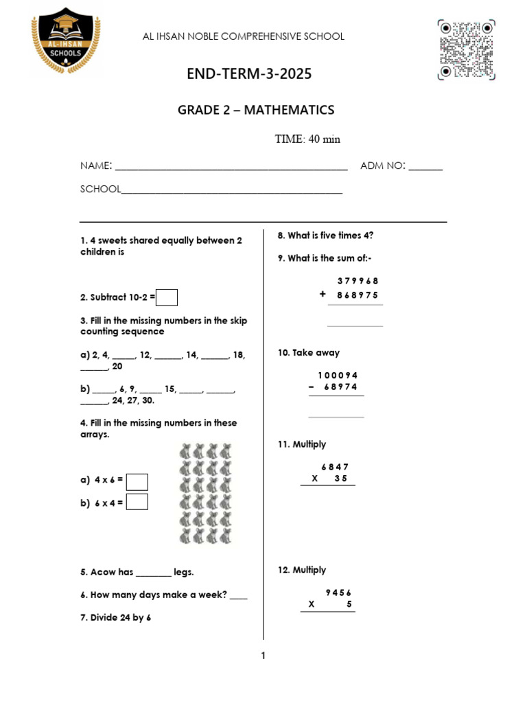 Grade 2 Mathematics Exam 2025 | PDF | Chess Theory | Chess