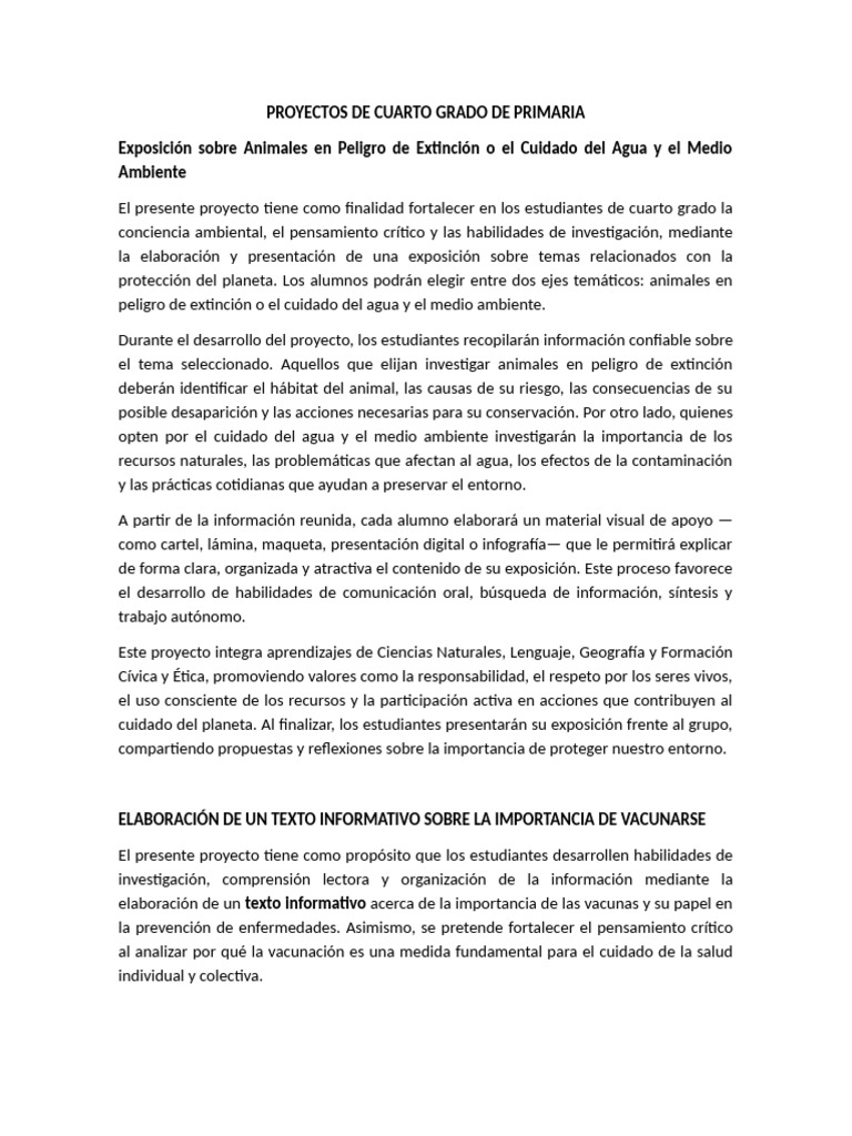 Proyectos Educativos para Cuarto Grado | PDF | Comprensión lectora ...