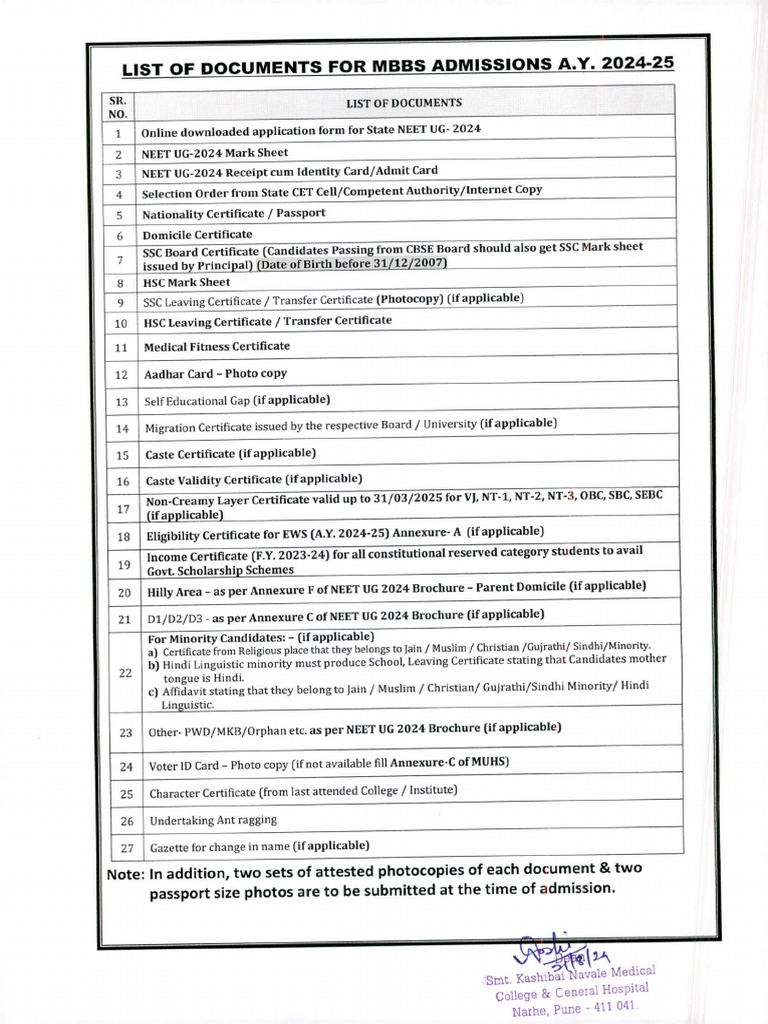 List of Documents For Mbbs Admissions A.Y. 2024-25 | PDF