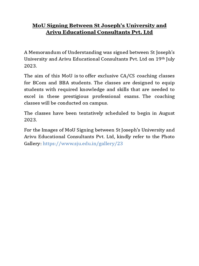 MoU Signing Between ST Joseph's University and Arivu Educational ...