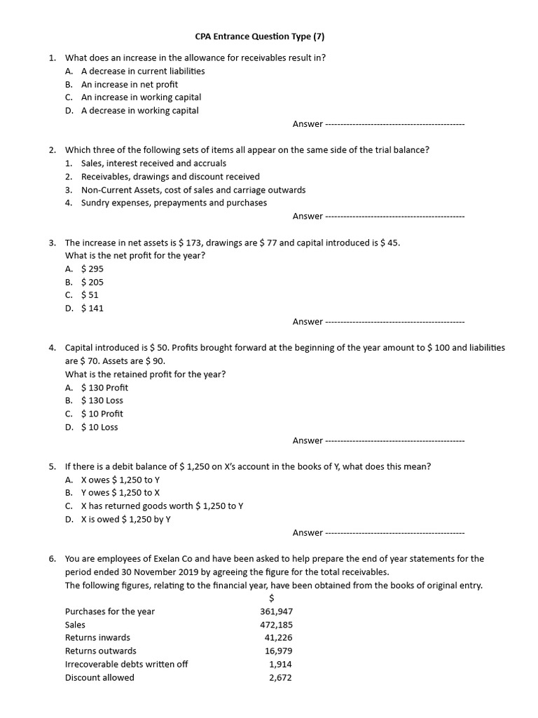 CPA Exam Practice Questions and Answers | PDF | Debits And Credits ...