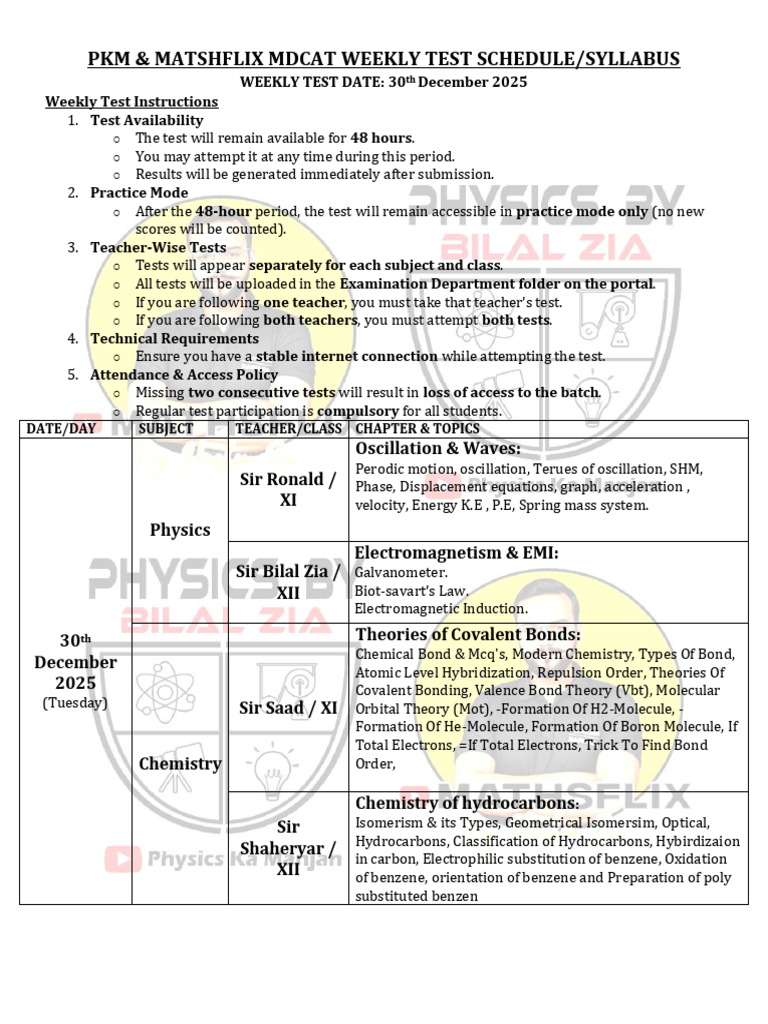 MDCAT Weekly Test Schedule 2025 | PDF | Chemical Bond | Covalent Bond