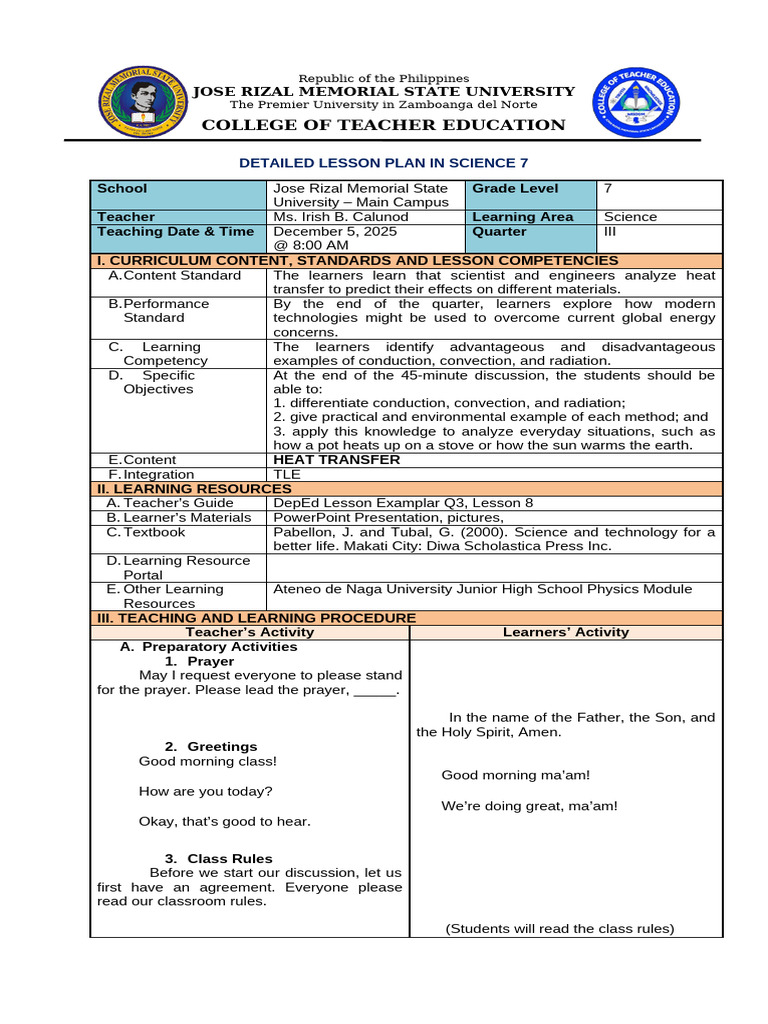 Grade 7 Science Lesson Plan | PDF | Heat Transfer | Heat