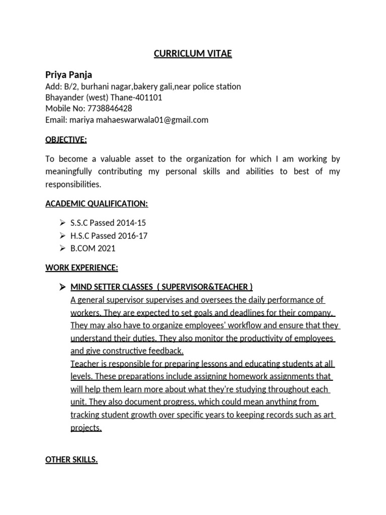 Priya Panja's Professional CV | PDF