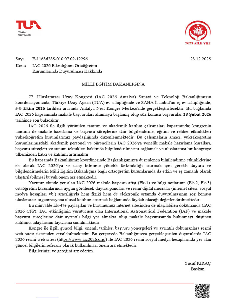 Uluslararası Uzay Kongresi (IAC 2026 Antalya) | PDF