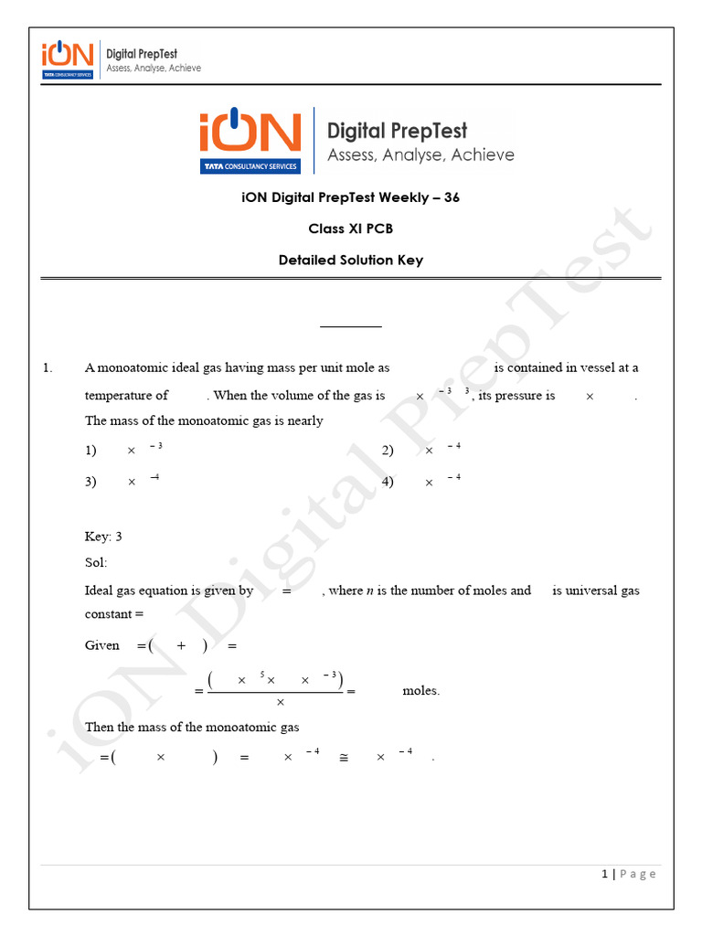 Class XI PCB Week 36 PrepTest Solutions | PDF | Gases | Kidney