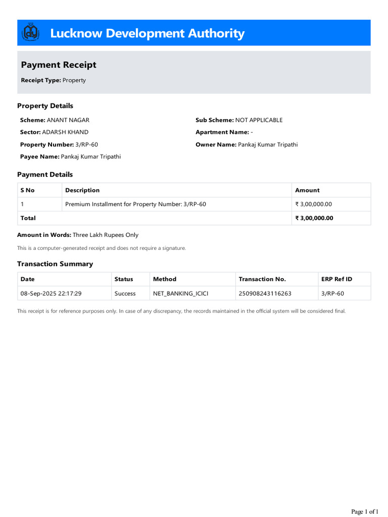 Lda Payment Receipt - 3 Lakh - 080925 | PDF
