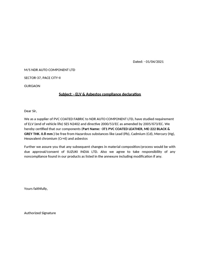 ELV & Asbestos Compliance Declaration | PDF