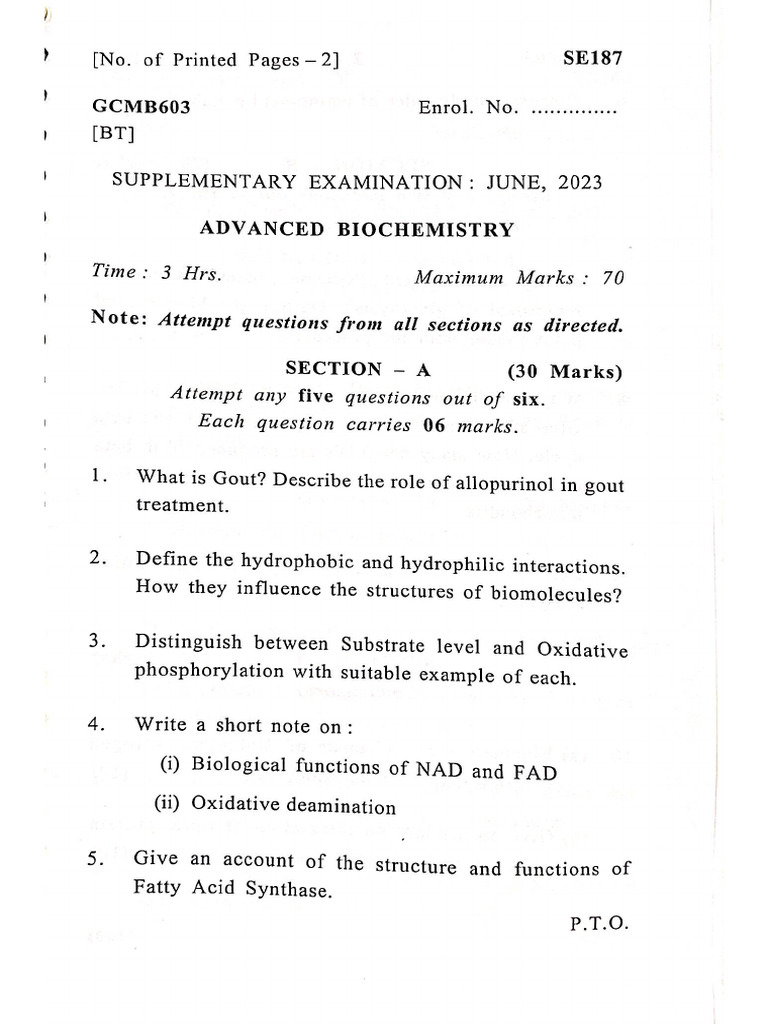 Advance Biochemistry Paper 2, 2023 | PDF