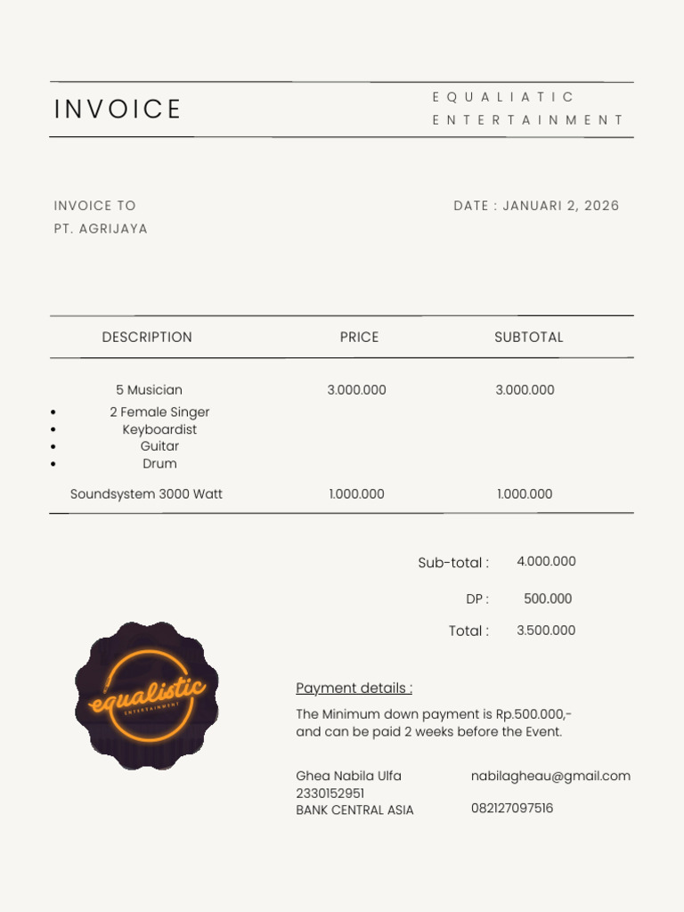 Entertainment Invoice for PT. Agrijaya | PDF