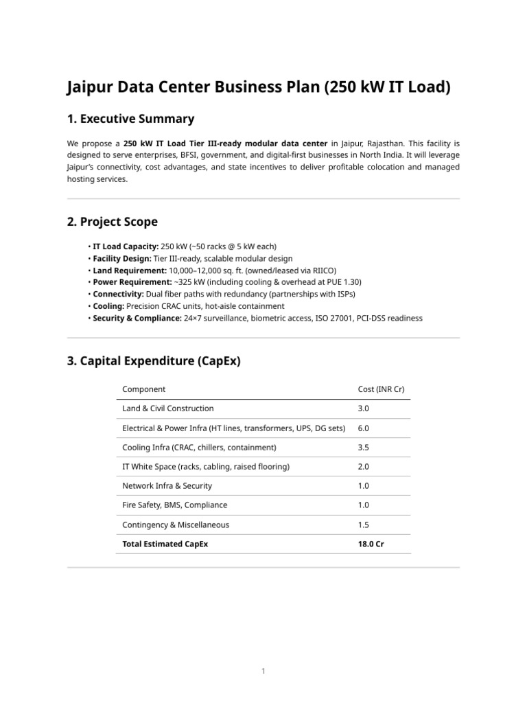 Jaipur 250 kW Data Center Business Plan | PDF | Data Center | Electric ...