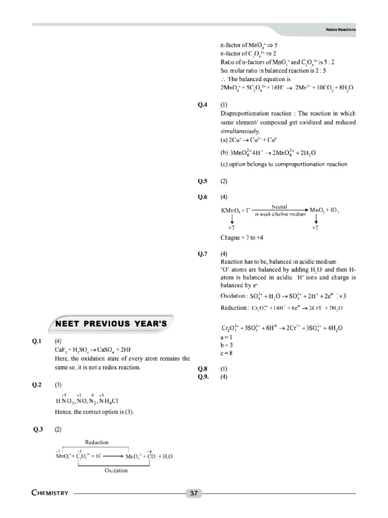 Day 6 - NEET - Chemistry - Redox Reactions - Solution | PDF