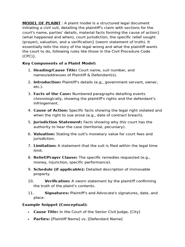 Civil Suit Plaint Model Template | PDF | Bail | Lawsuit
