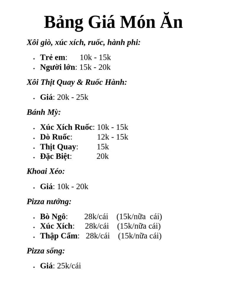 Bảng Giá Món Ăn | PDF