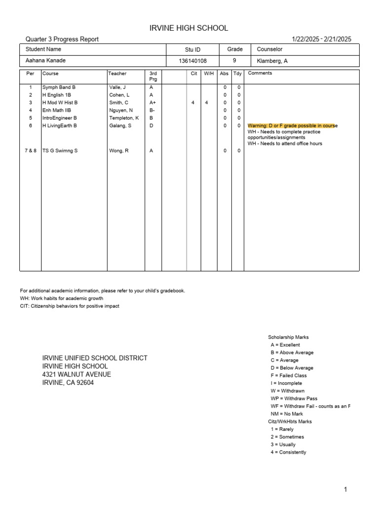 Irvine High School Q3 Progress Report | PDF | Evaluation | Society Of ...