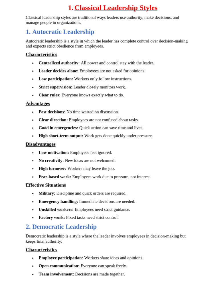 Classical Leadership Styles Explained | PDF | Leadership | Power ...