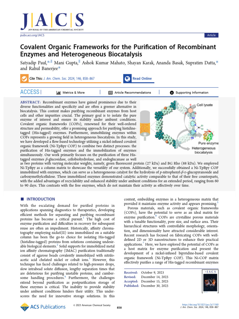 Covalent Organic Frameworks For The Purification of Recombinant Enzymes ...