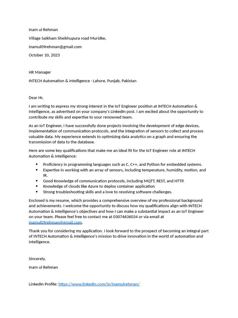 IoT Engineer Application for INTECH | PDF
