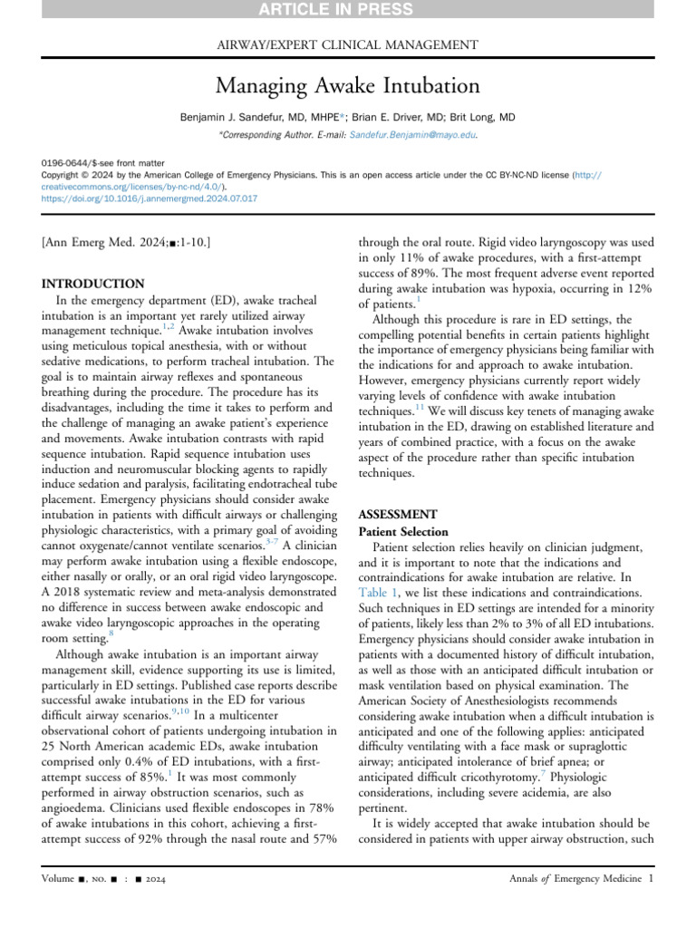 Managing Awake Intubation in ED | PDF | Anesthesia | Medical Treatments