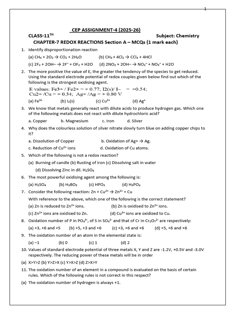 11TH CEP (4pages) Assignment 04 Chemistry | PDF | Redox | Electrochemistry