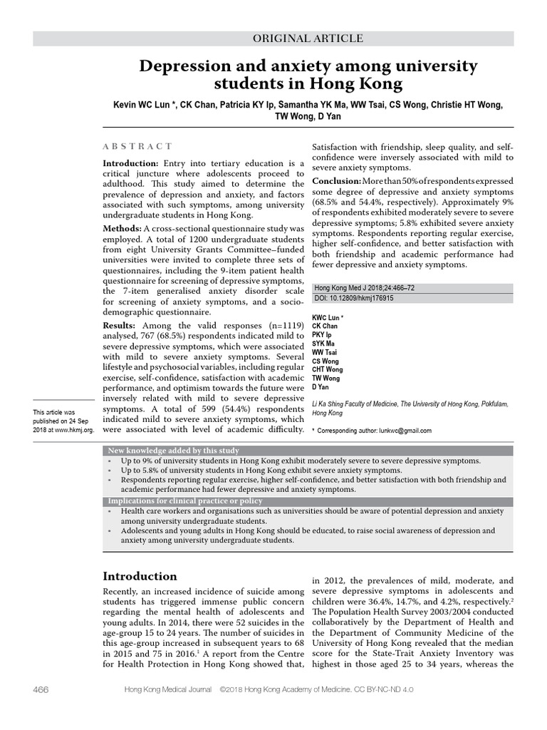 Depression and Anxiety in Hong Kong Students | PDF | Mental Disorder ...