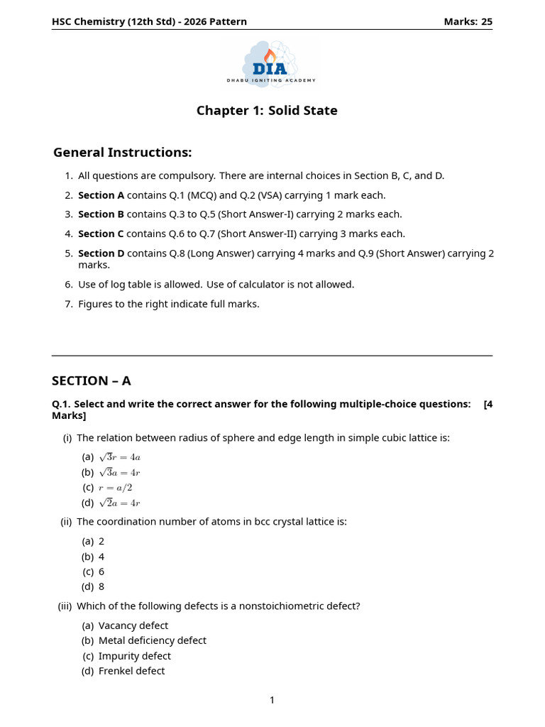HSC Chemistry Solid State MCQs & Answers | PDF | Crystal Structure ...