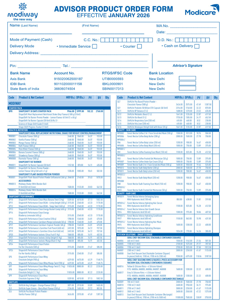 Advisor Product Order Form 2026 | PDF | Shampoo