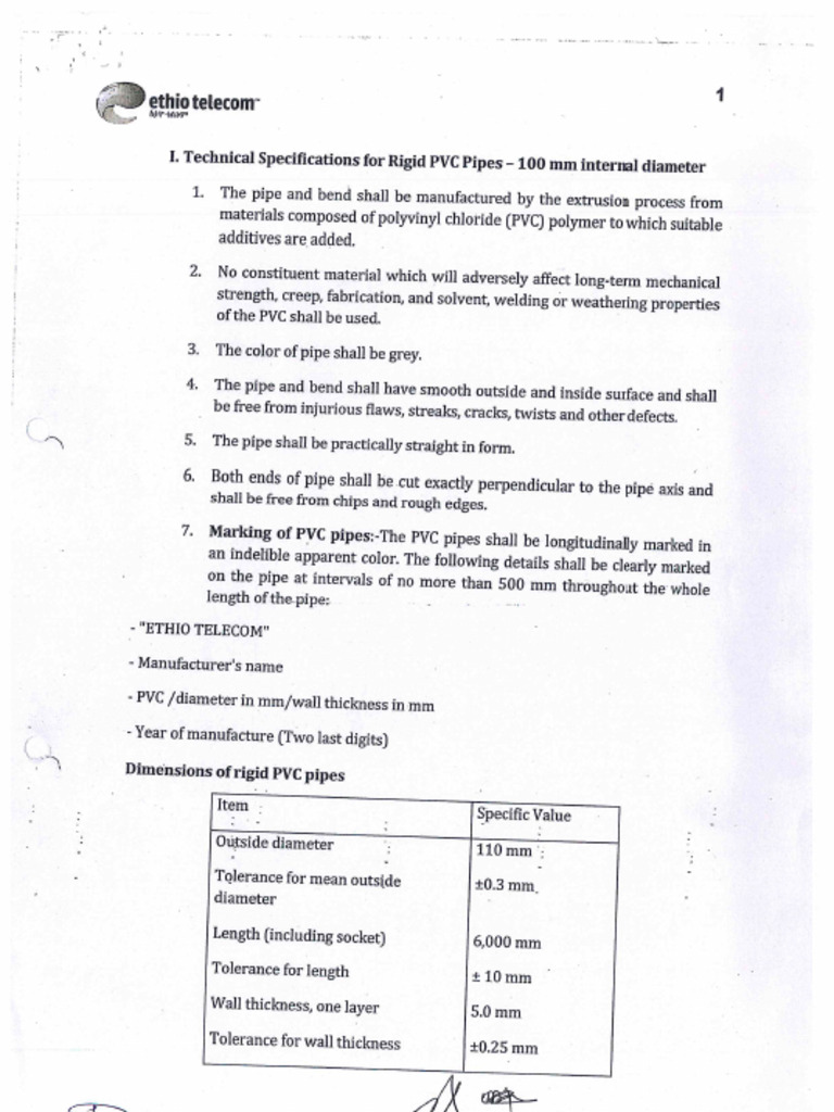 03 Ethio Telecom PVC Pipe & Galvanized Steel Pipe Specification | PDF