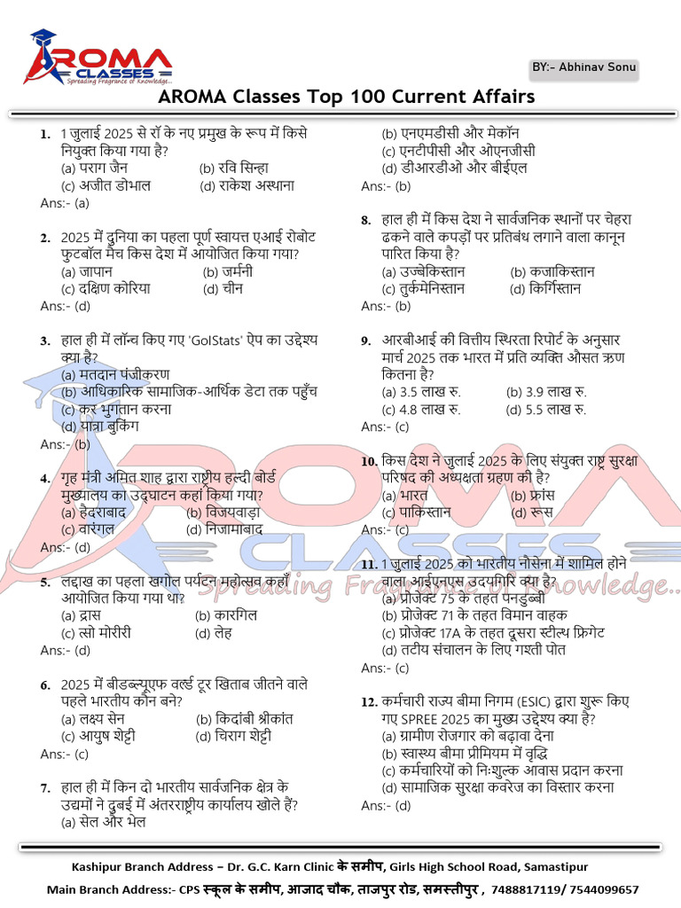 Top 100 Current Affairs | PDF