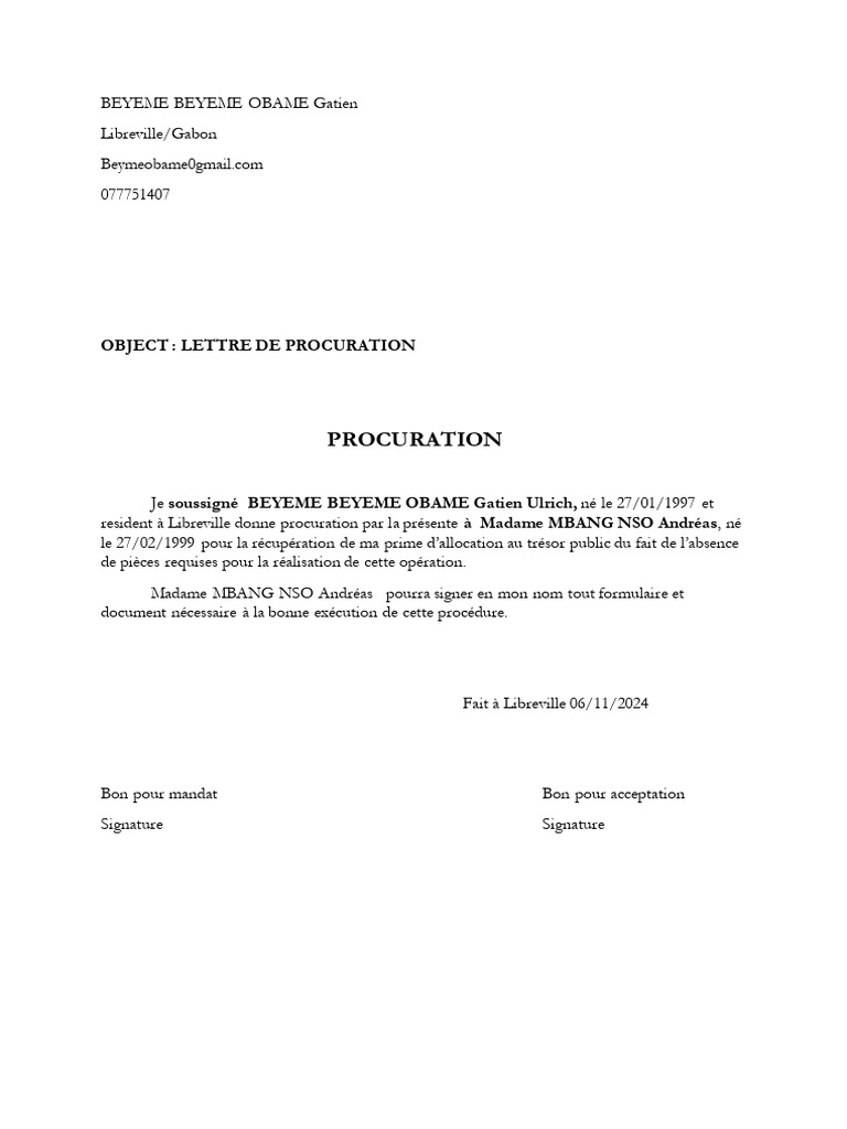 Lettre de Procuration pour Récupération de Prime | PDF