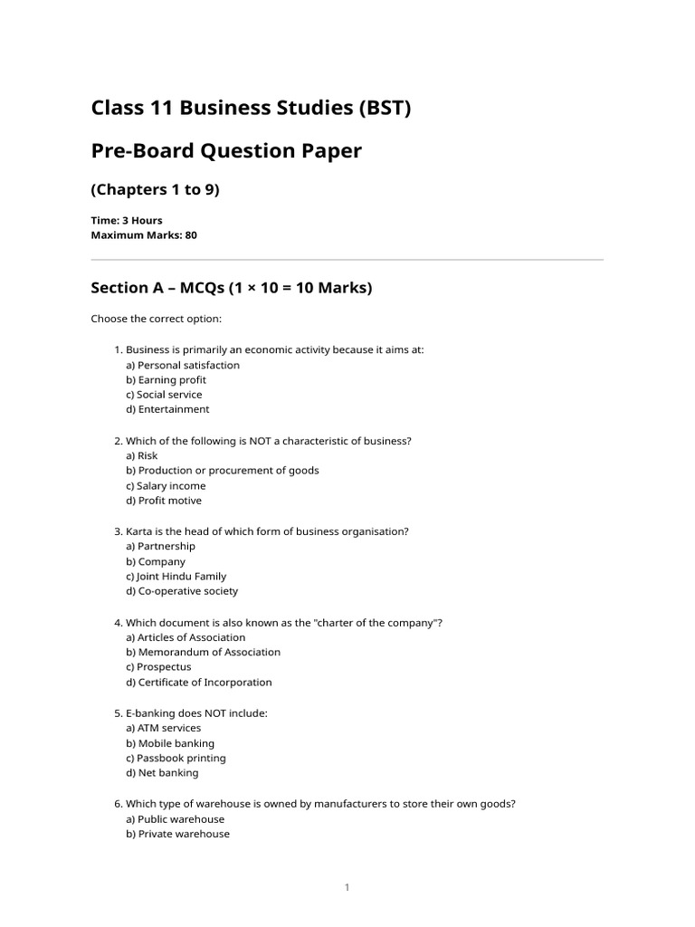 Class 11 BST Pre-Board Question Paper | PDF | Partnership | Insurance