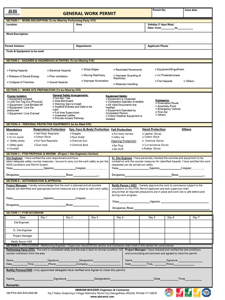 General Work Permit Template | PDF | Safety | Occupational Safety And ...