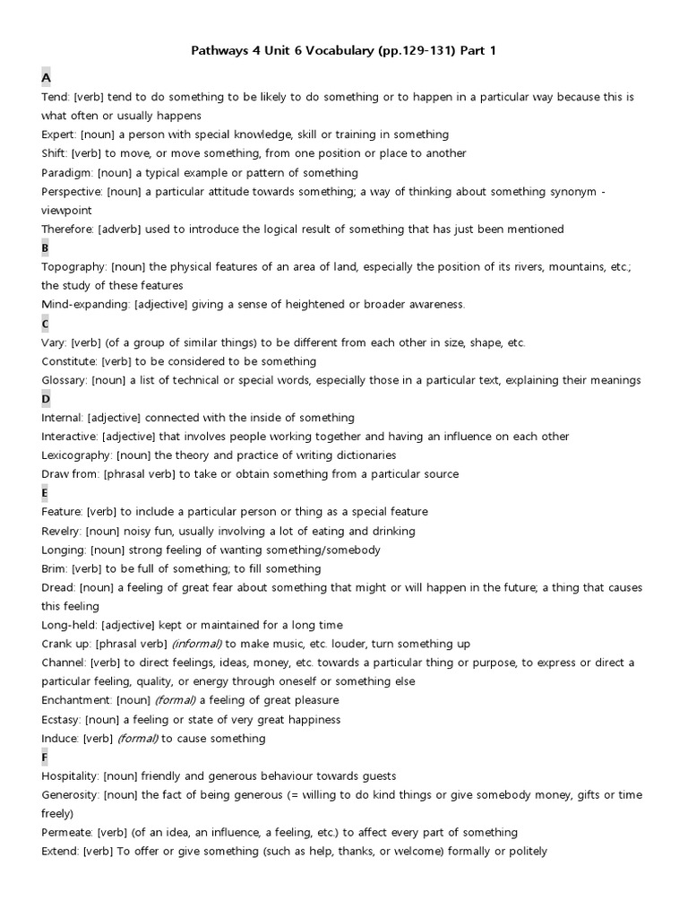 Pathways 4 Unit 6 Vocabulary Guide | PDF | Adjective | Verb