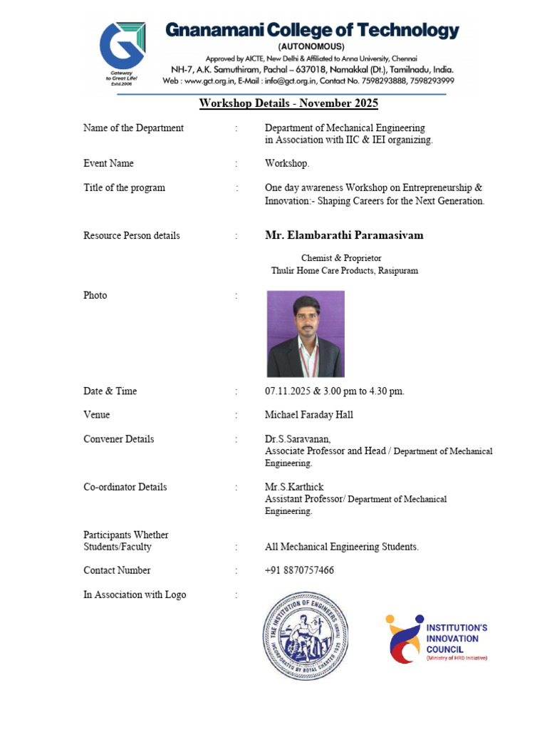 Workshop on Entrepreneurship & Innovation | PDF