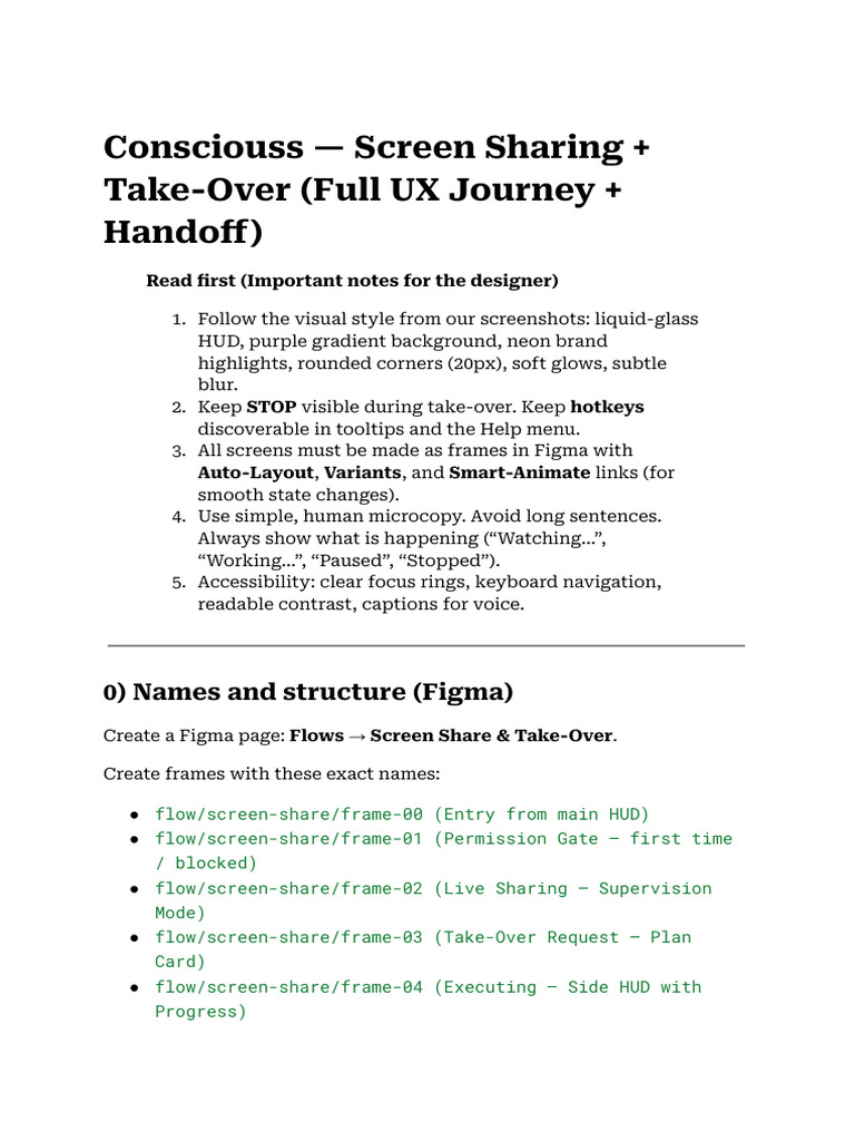 Consciouss - Screen Sharing + Take-Over (Full UX Journey + Handoff ...