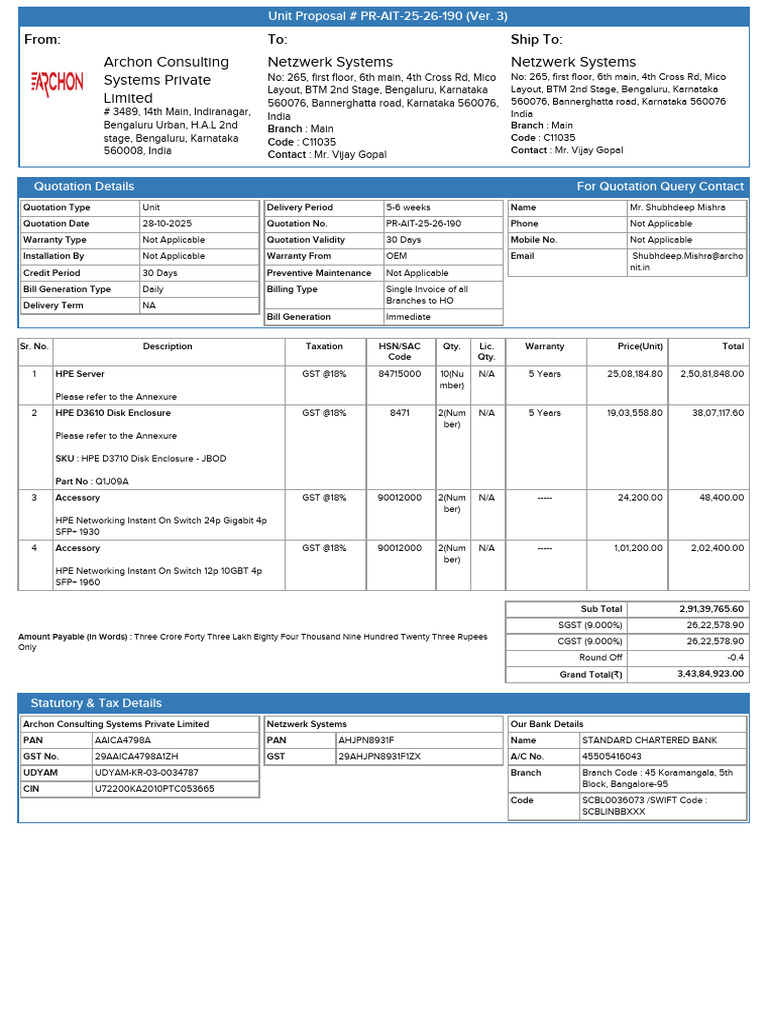 Netzwerk Systems - DL360, Enclosure and Switches - Unit Sales Quote ...