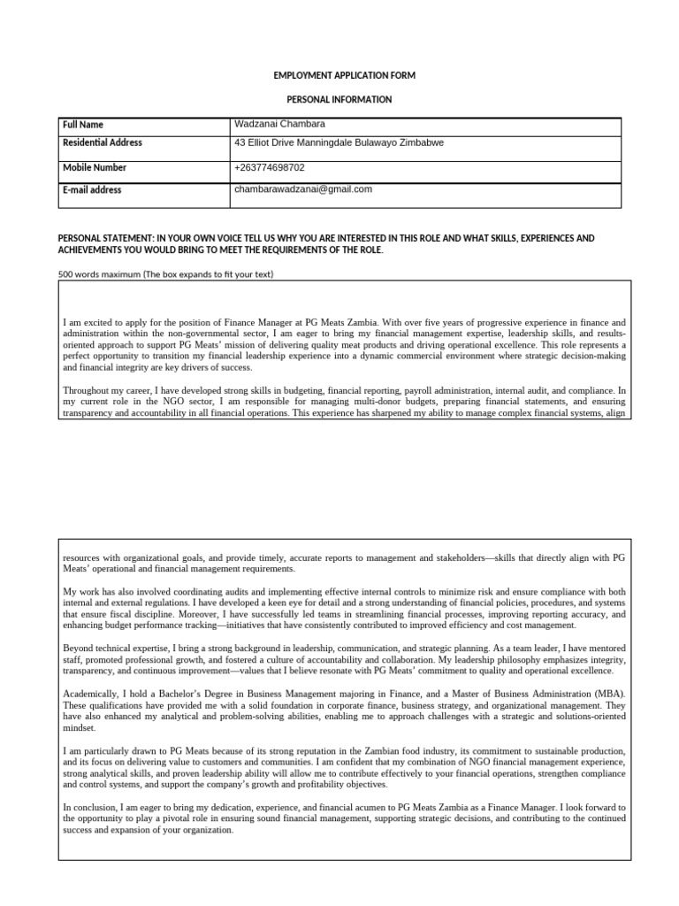 EMPLOYMENT APPLICATION FORM-Finance Manager | PDF | Leadership | Audit