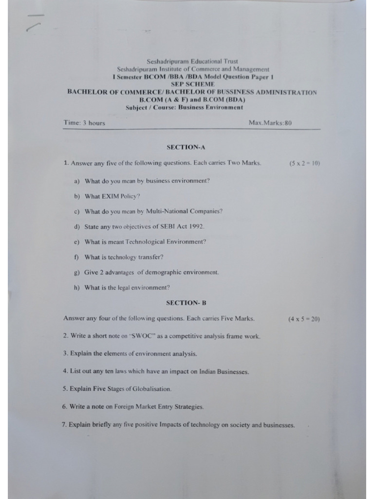 1st B.com BE Model QP 1 | PDF