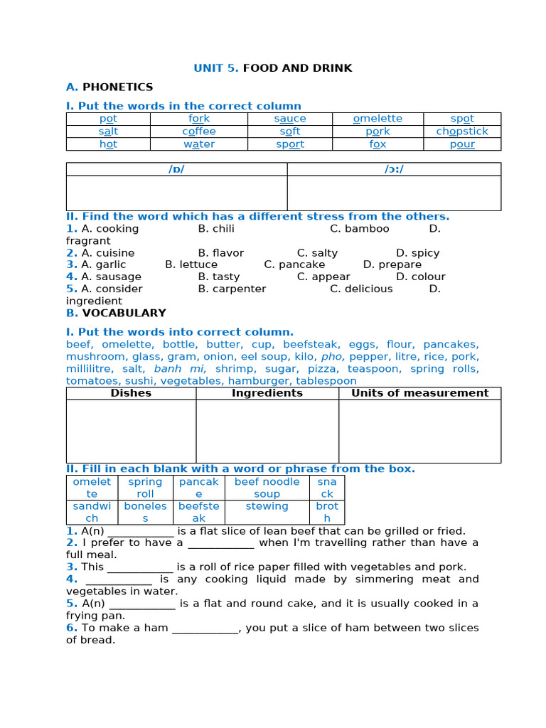Food and Drink Vocabulary Exercises | PDF | Food And Drink Preparation ...
