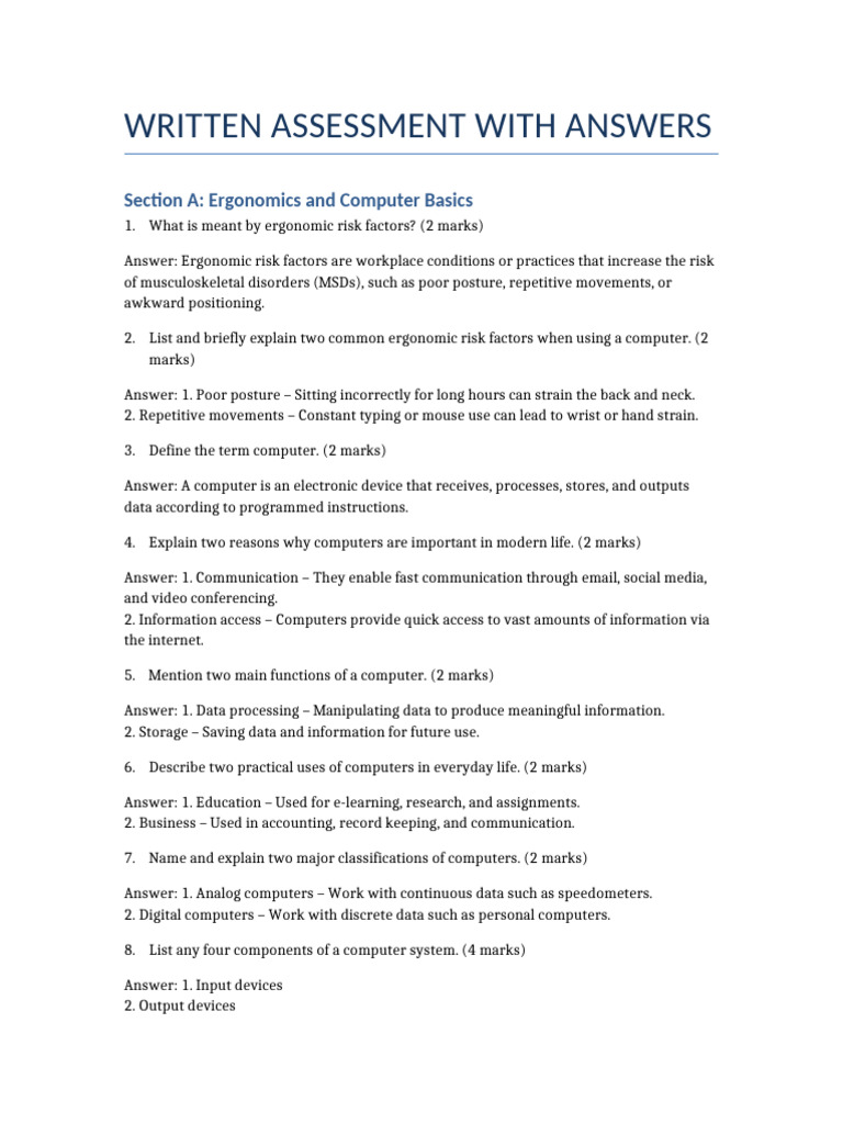 Ergonomics and Computer Basics Assessment | PDF | Computer Hardware ...
