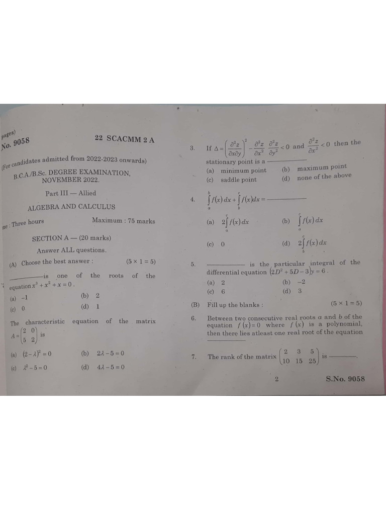 Algebra and Calculus Apr23, Nov22 | PDF