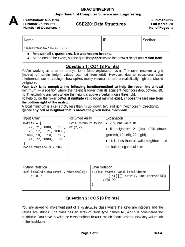 CSE220 Midterm Summer-25 Set-A.docx | PDF | Integer (Computer Science ...