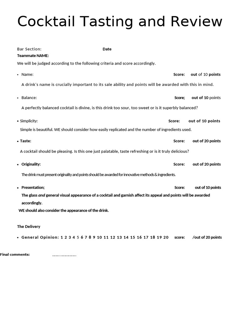 Cocktail Tasting Review Criteria Guide | PDF